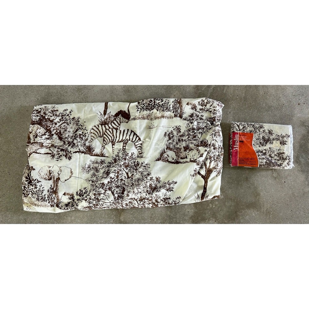 Vintage Montgomery Ward Muslin Fitted Flat Sheet Set Safari Jungle